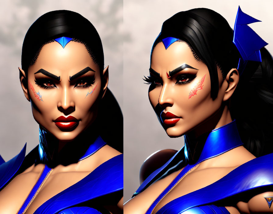 Stylized female character in edgy blue costume with futuristic makeup