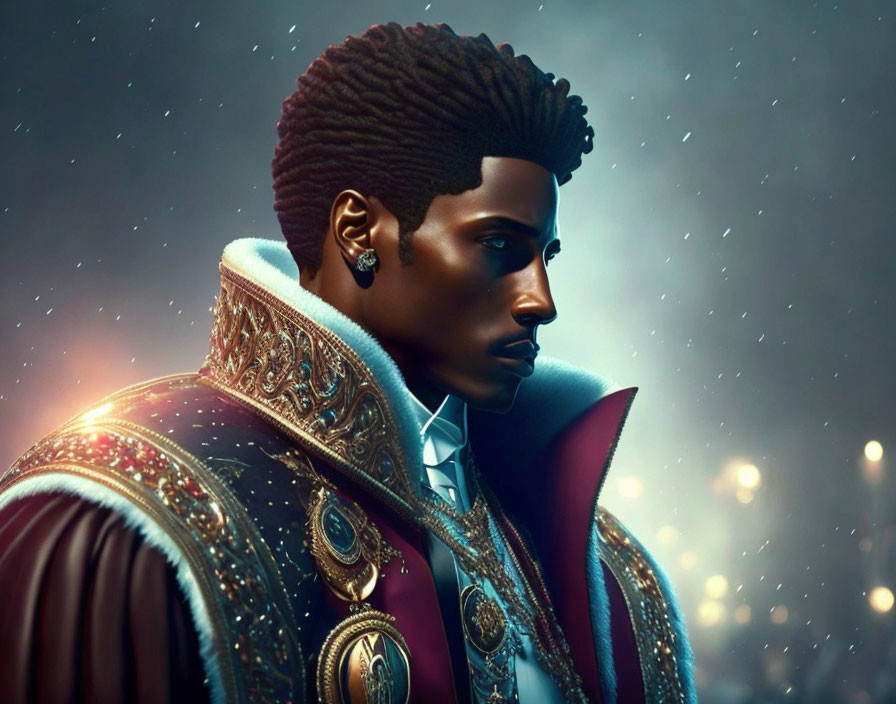 Stylized man portrait with ornate jacket and bokeh background