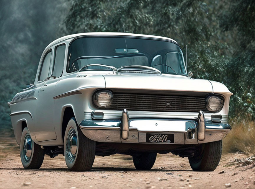 Classic White Car with Chrome Accents and Unique Grille in Dusty Outdoor Scene