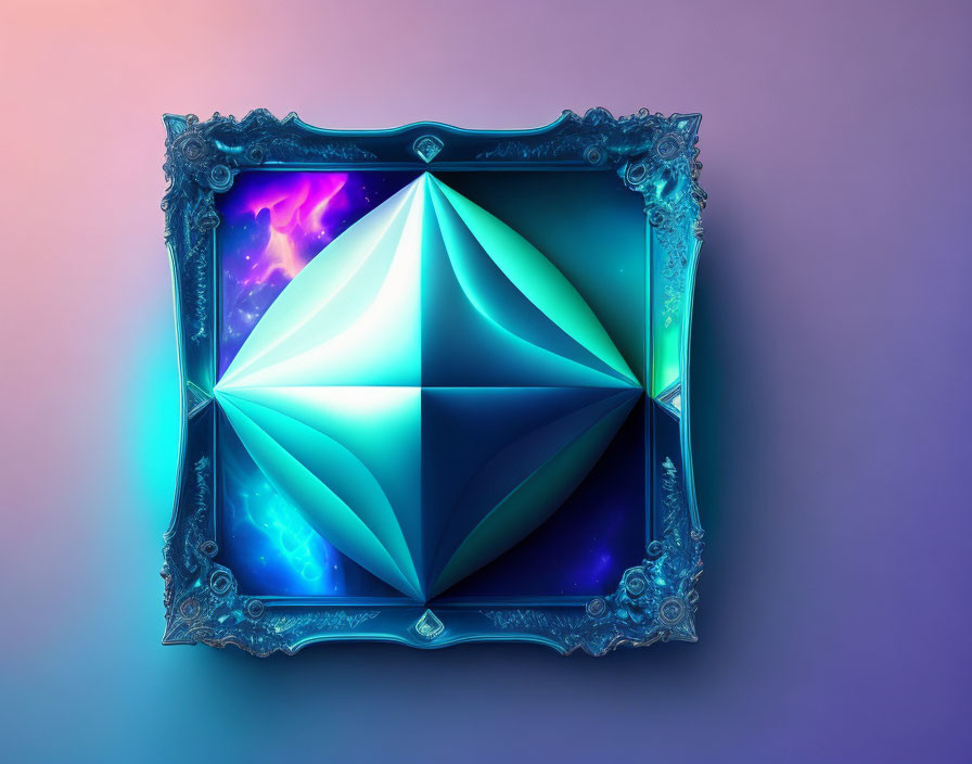 Teal Blue Geometric Crystal in Baroque Frame on Neon Purple Background