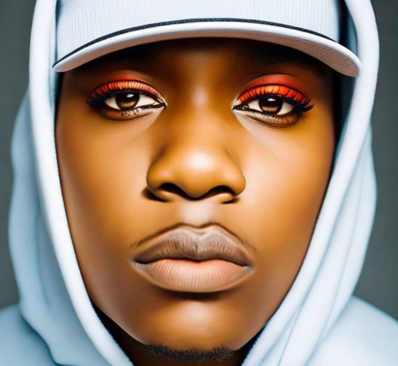 Person with Striking Red Eyeshadow in White Hooded Top Gazes at Camera