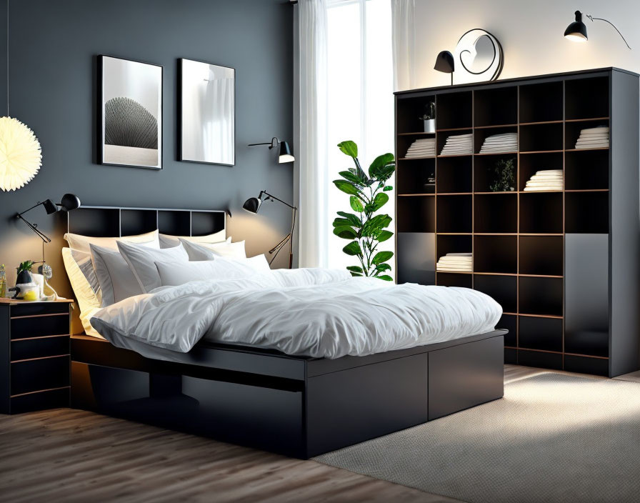 Spacious modern bedroom with large bed, white bedding, dark furniture, wall-mounted lamps, framed pictures