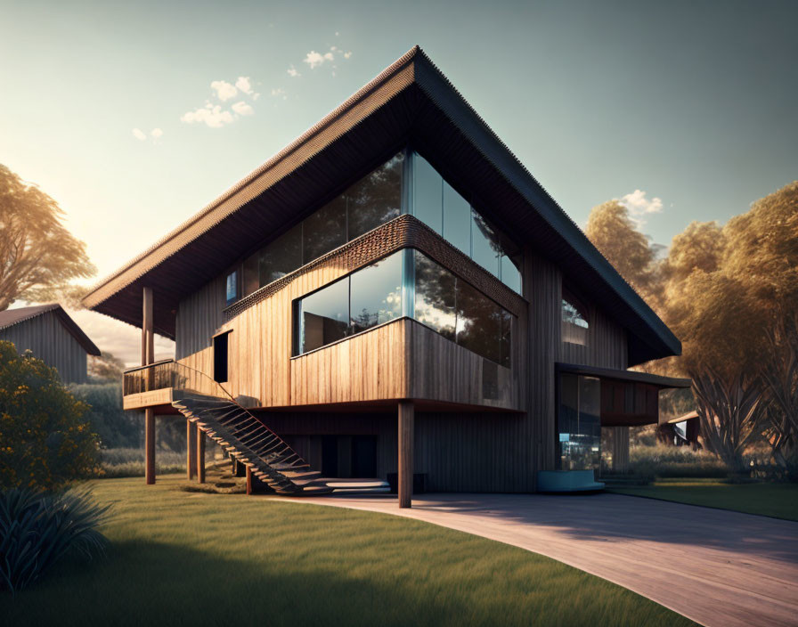 Contemporary two-story house with large windows and wooden cladding in natural setting at dusk