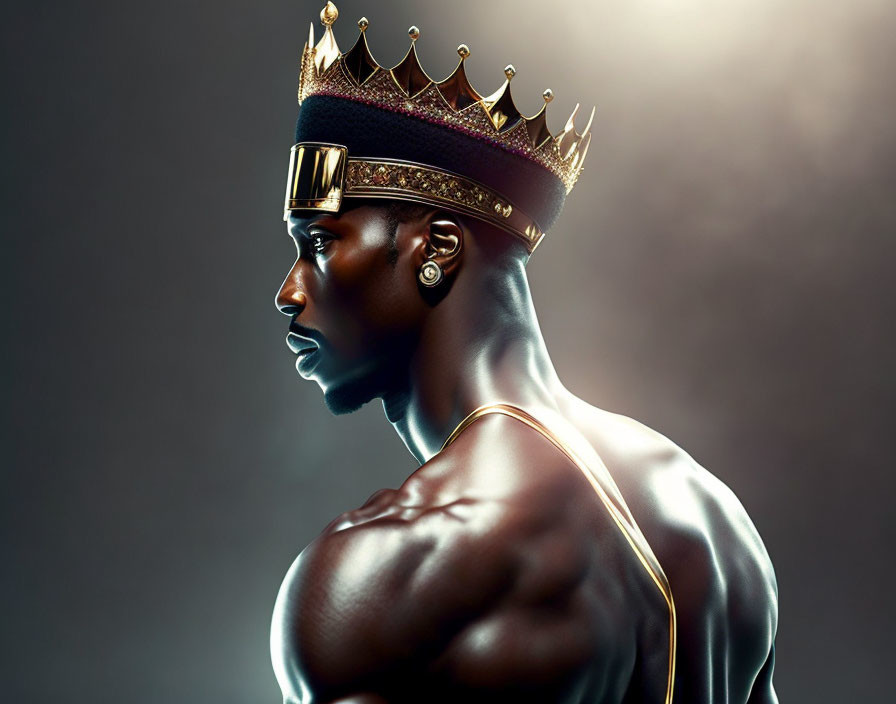 Muscular person in crown and golden attire with dramatic lighting