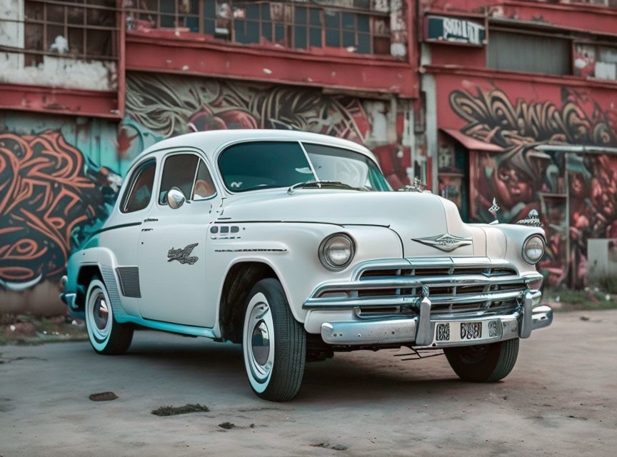 Classic White Car with Aqua Blue Trim Parked in Front of Building with Intricate Graffiti