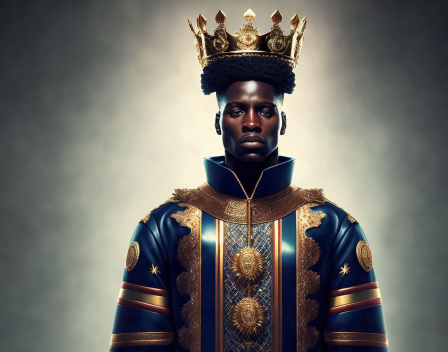 Regal man in golden crown and royal blue robe