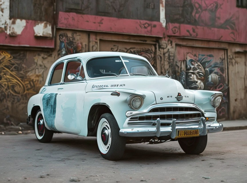 Vintage White and Teal Car Parked in Front of Graffiti Wall