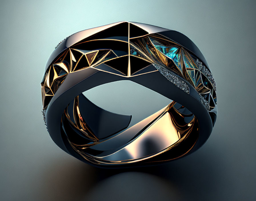 Luxurious Geometric Black and Gold Ring with Shimmering Blue Accents