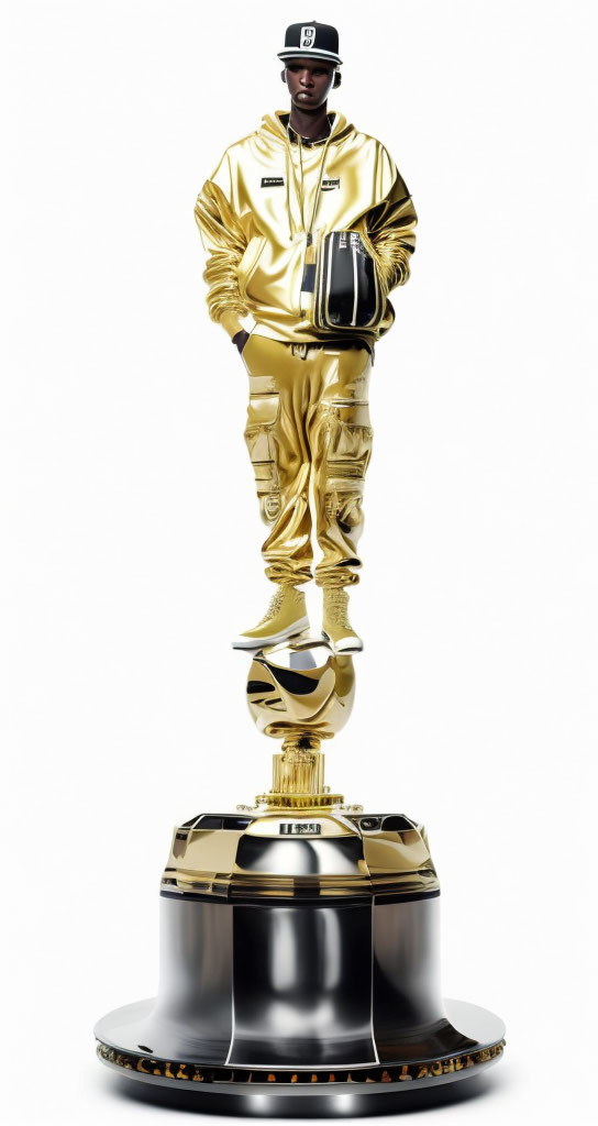 Person in Metallic Gold Tracksuit on Reflective Trophy Pedestal