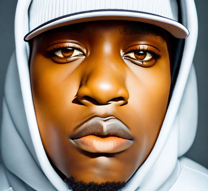 Person with Hood and Cap, Intense Gaze, White Hoodie, Gray Background