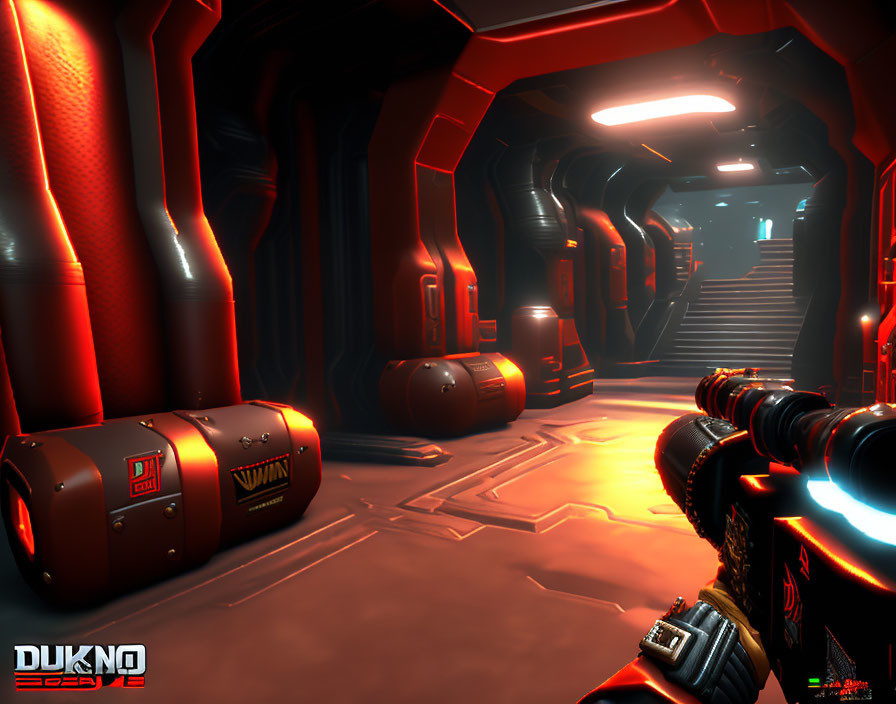 Futuristic sci-fi corridor with red lighting, danger barrels, and blaster arm