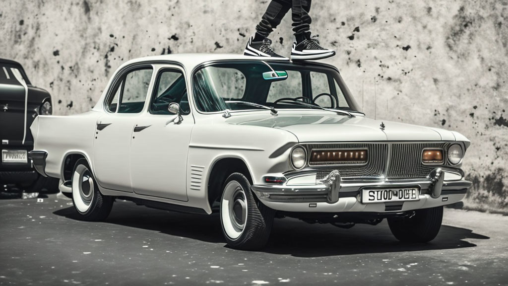 Vintage White Car with Distinctive Grille Parked Against Concrete Wall