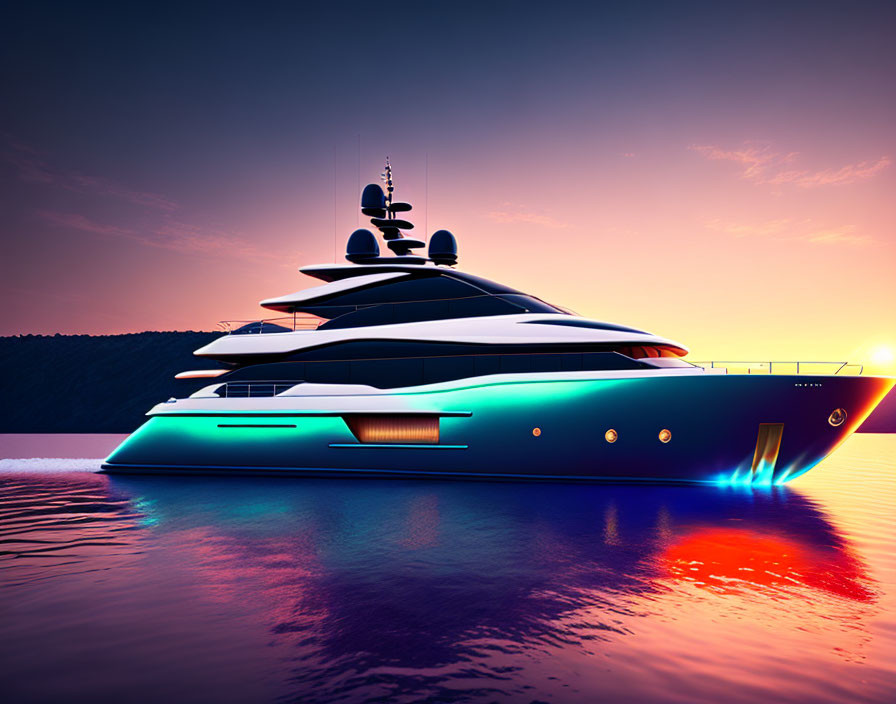 Luxurious yacht on calm waters at sunset with vivid purple and orange sky.