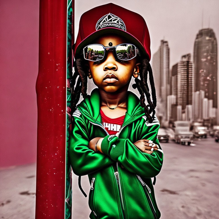 Confident child with dreadlocks in red cap and sunglasses.