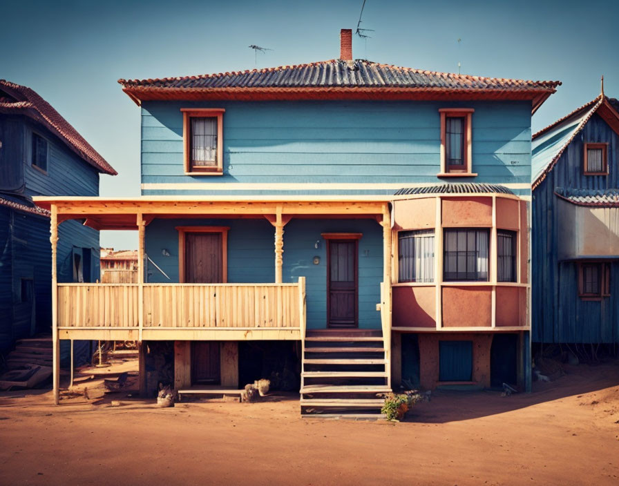 Blue Wooden House with Front Porch in Sandy Area