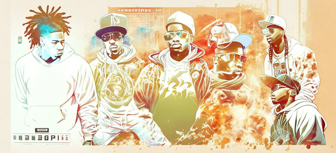 Vibrant hip-hop attire illustration with five men in graffiti backdrop