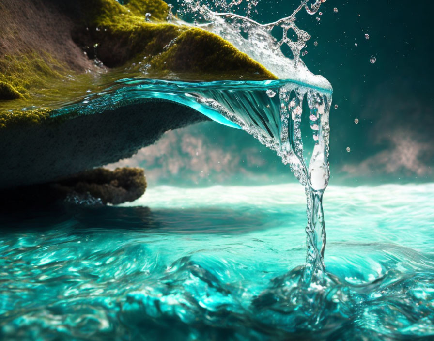 Tranquil scene: Water flowing from mossy rock into serene blue pool