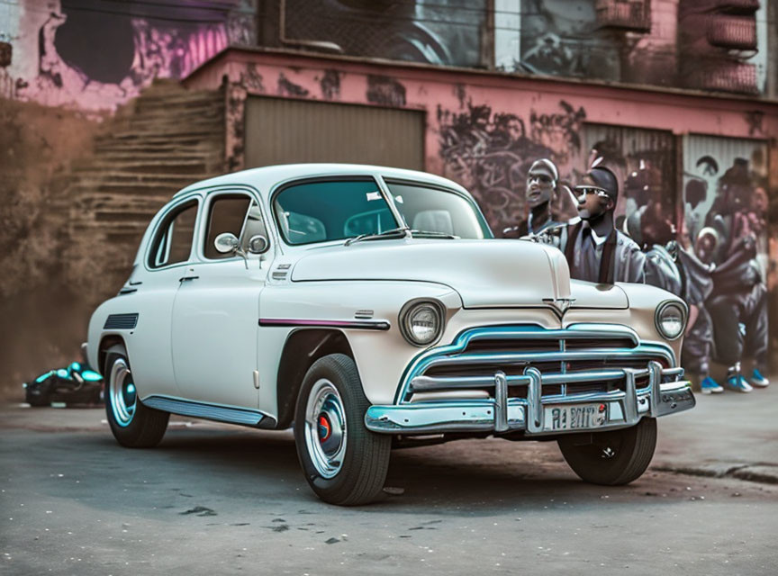 Vintage White Car Featured with Stylish Urban Group and Graffiti Walls