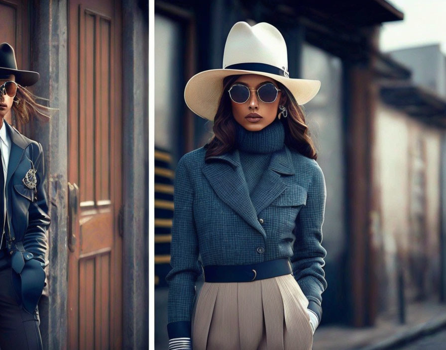 Elegant woman in wide-brimmed hat and blue jacket by vintage doorway