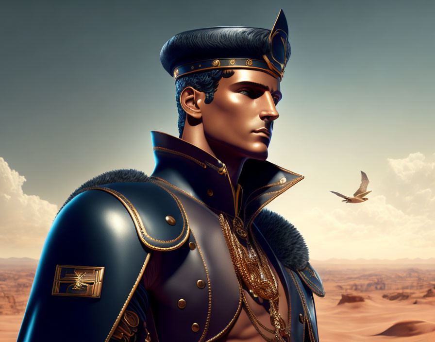 Regal figure in blue military uniform with desert backdrop.