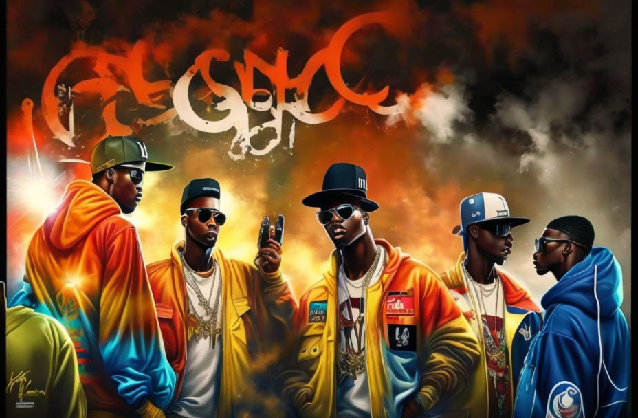 Illustrated image of five figures in hip-hop fashion under fiery backdrop with graffiti logo.