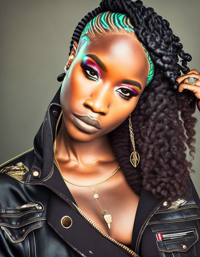 Portrait of woman with braided hair, colorful makeup, leather jacket, and gold jewelry