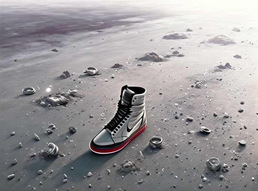 Sneaker on surreal lunar surface with scattered rocks and reflective puddles