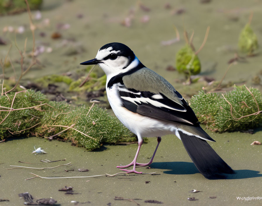 White Wagtail Bird with Long Tail and Pink Legs on Algae-Covered Ground