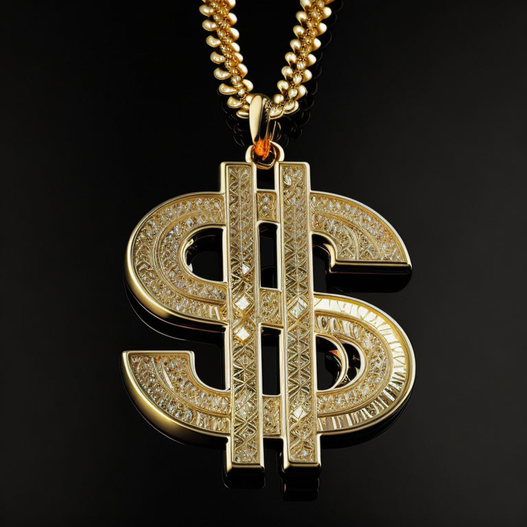 Diamond-Encrusted Gold Dollar Sign Pendant on Chain Against Black Background