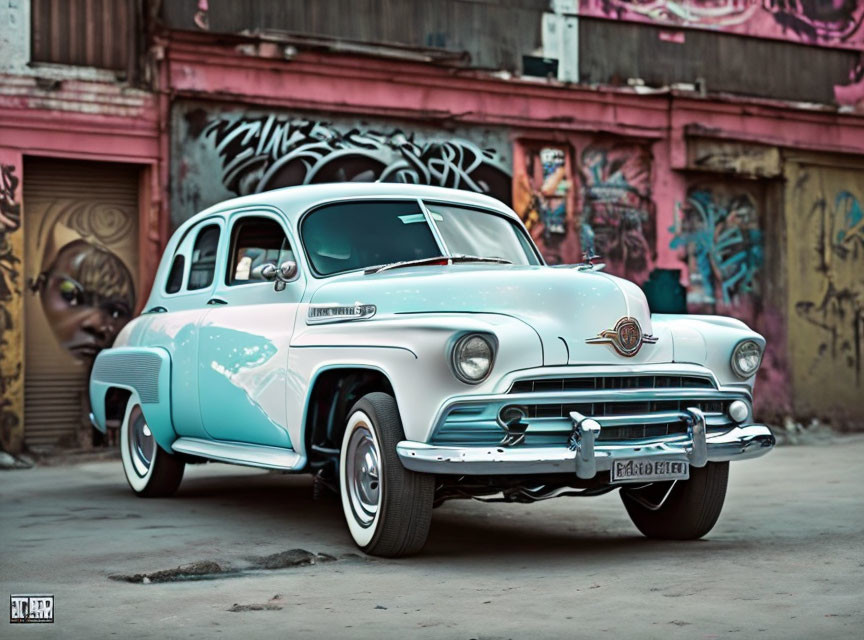 Classic Light Blue and White Car Parked by Graffiti Wall with Woman's Face Mural