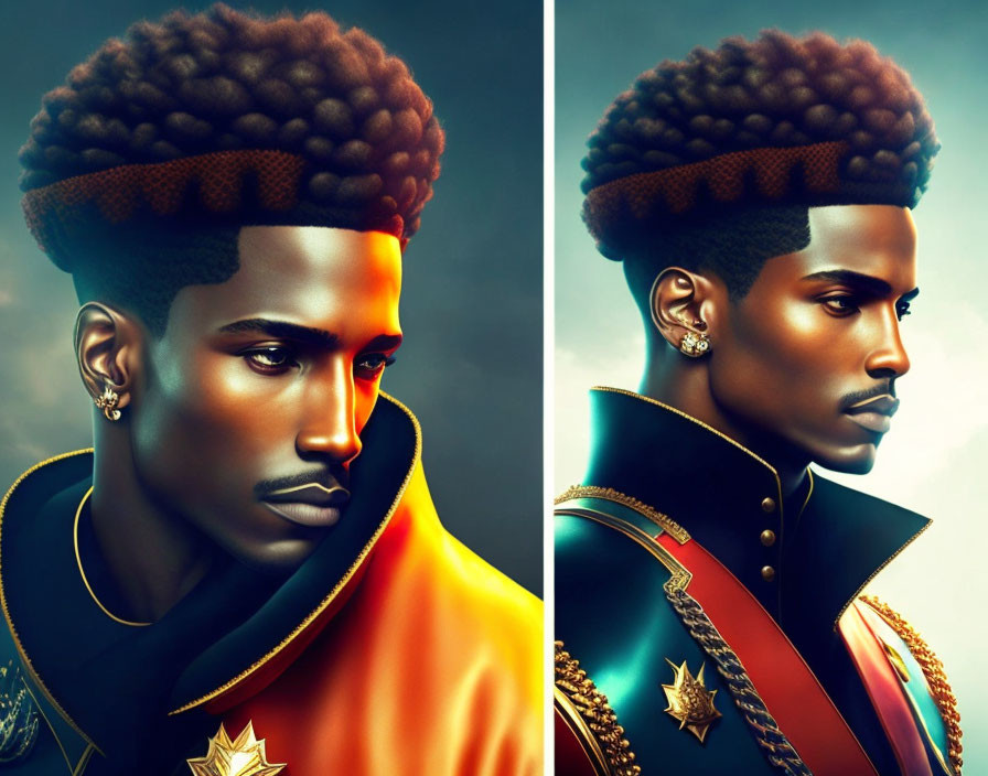 Stylized man with afro hair in military-style jacket portraits