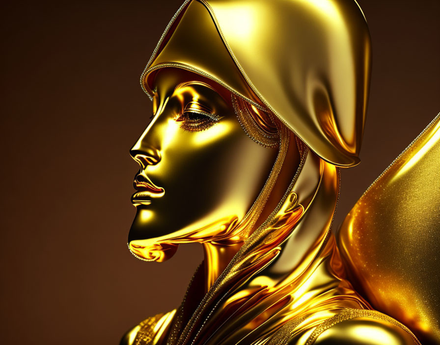 Golden metallic female figure profile with futuristic helmet and shoulder armor