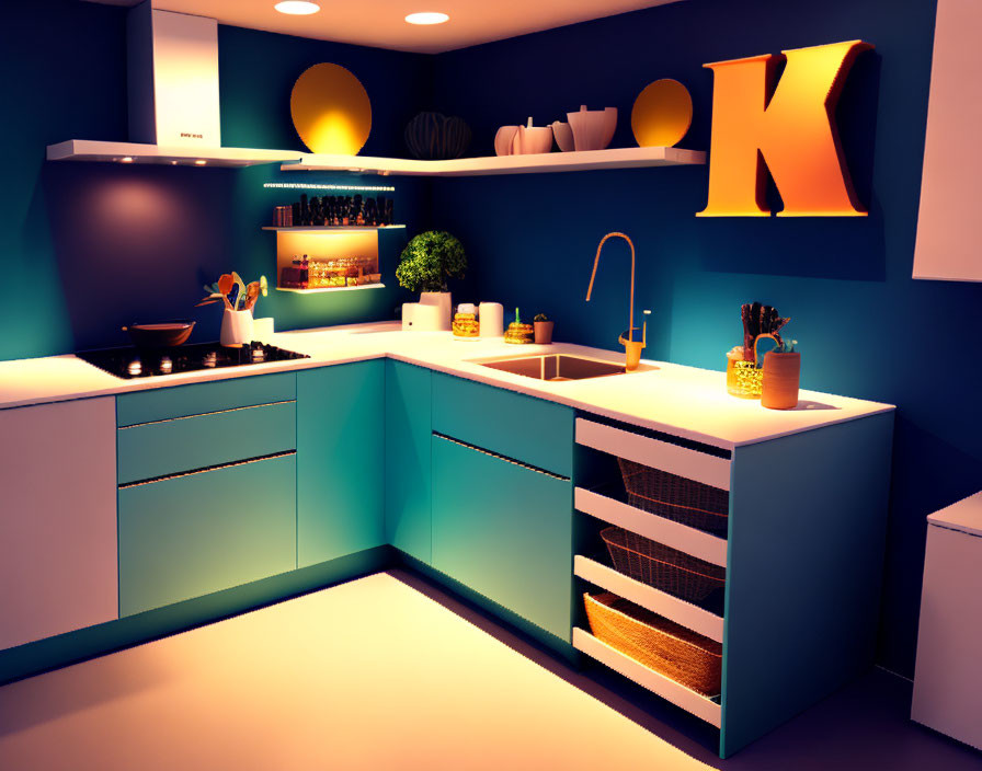 Contemporary Kitchen with Blue Cabinets and Orange Accents