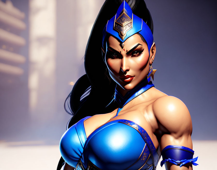 Confident female warrior in blue outfit with golden accessories in powerful pose