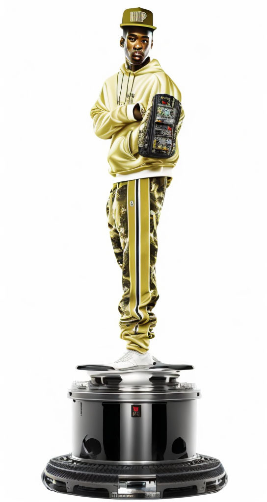 Person in Yellow Tracksuit with Boombox on Speaker