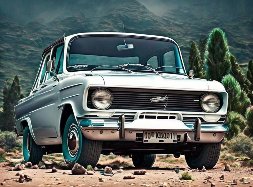 Vintage Blue Pickup Truck with White Roof and Chrome Detailing in Desert Landscape