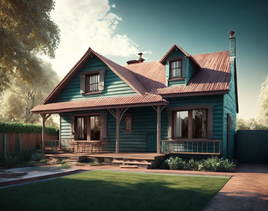 Teal wooden house with porch and garden under soft sunset sky