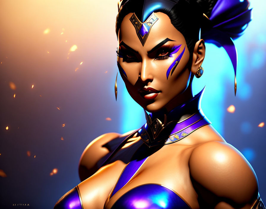 Digital illustration: Female character with exotic makeup, purple outfit, glowing eyes on orange bokeh.