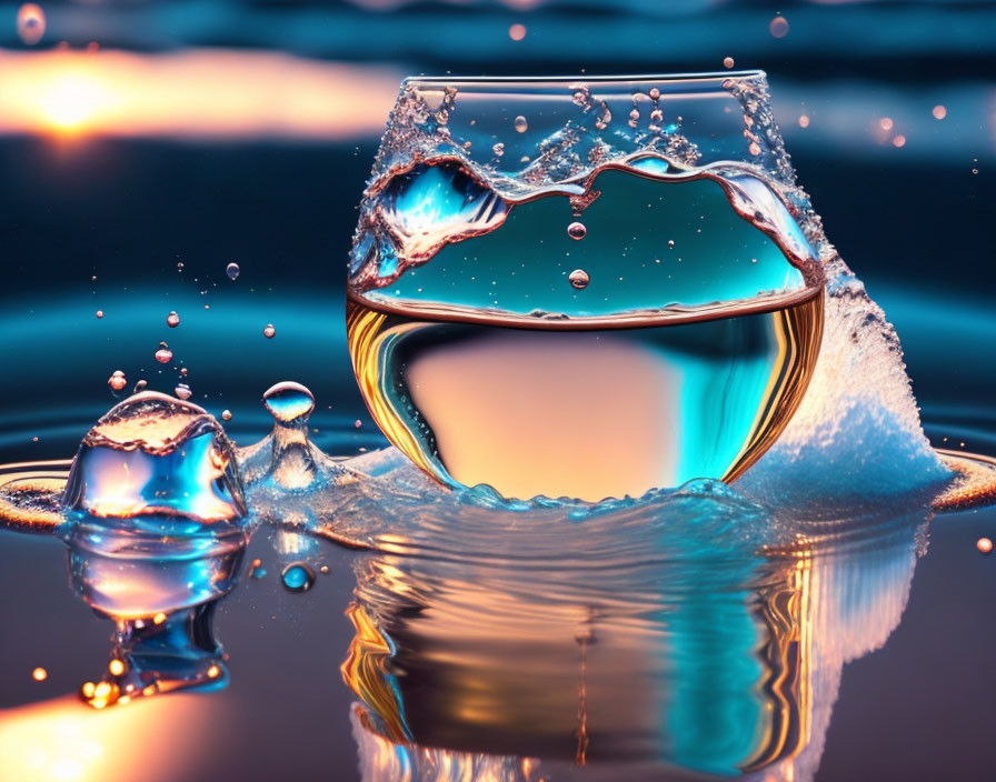 Clear liquid in glass with blue and orange background.