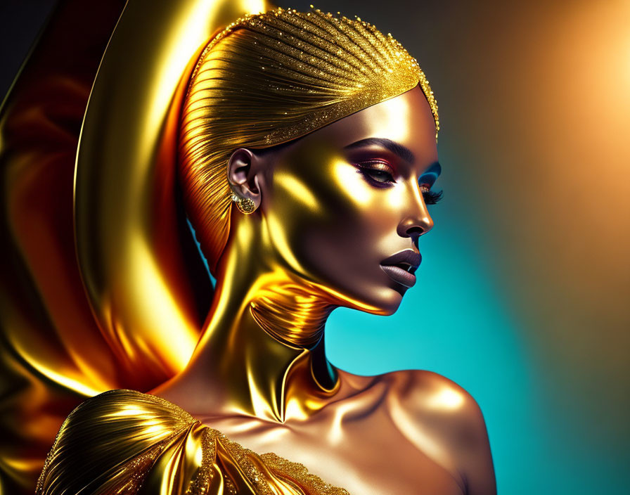 Golden-skinned woman in gold attire on blue-to-orange gradient background