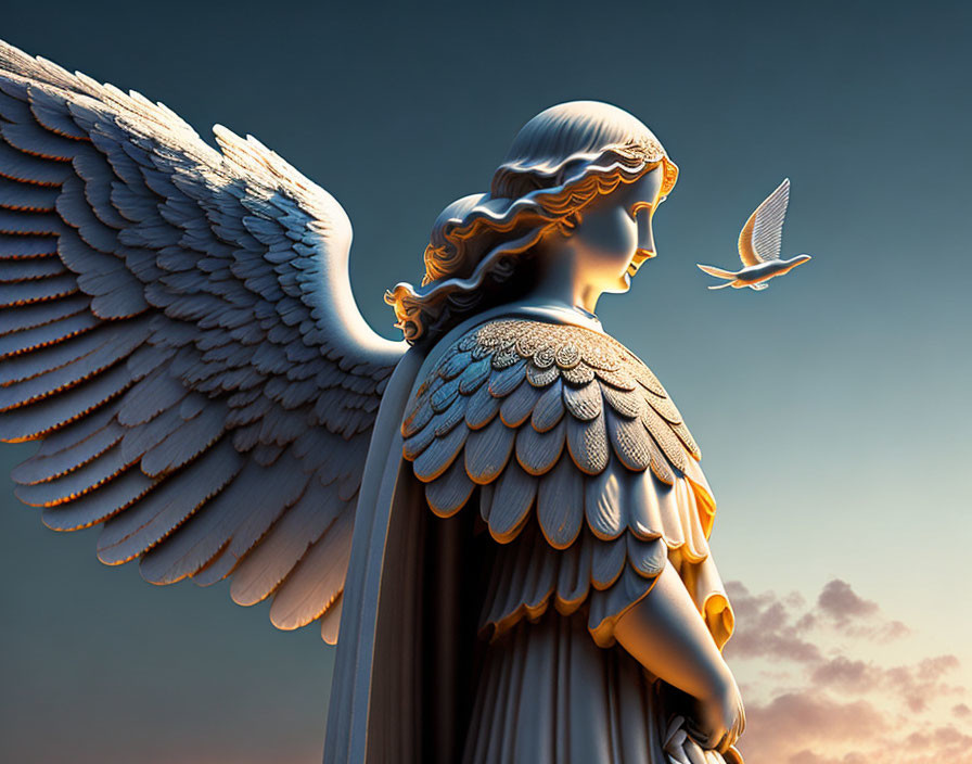Detailed Angelic Statue with Large Wings and Bird in Flight Against Soft Sky