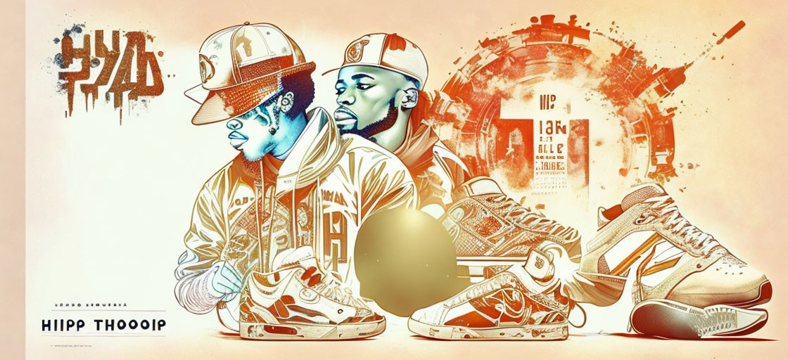 Stylized graphic of two male figures in baseball caps and sneakers