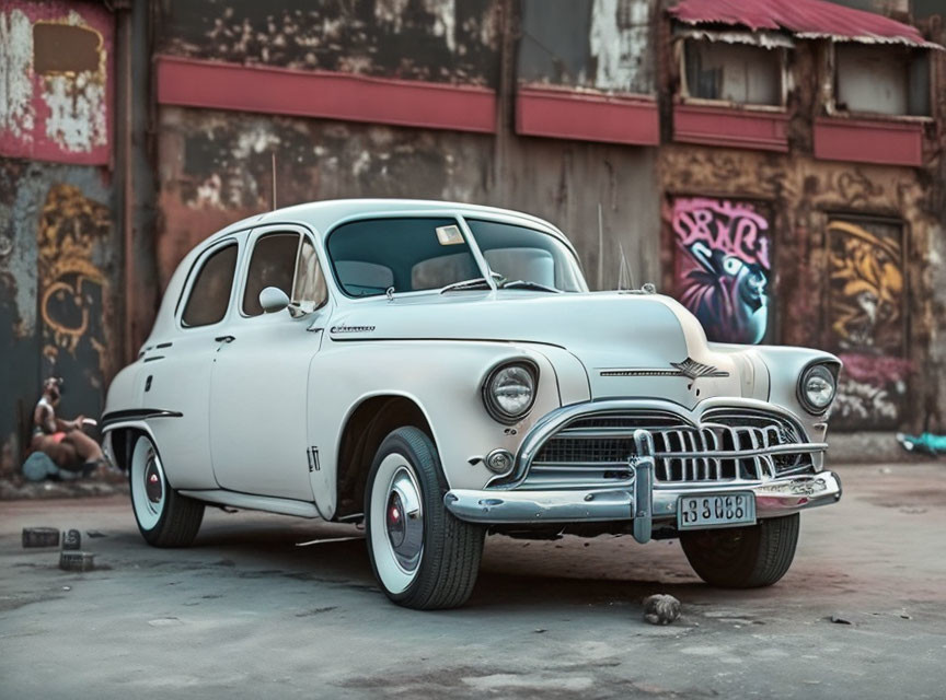 Vintage White Buick Special in Urban Setting with Graffiti and Person Sitting