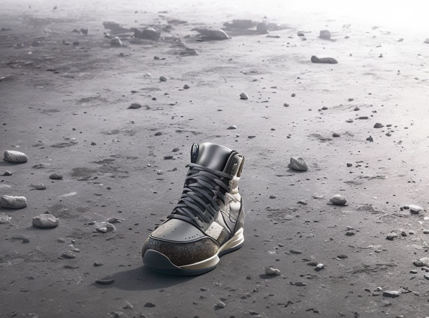 Lone high-top sneaker on rocky lunar surface