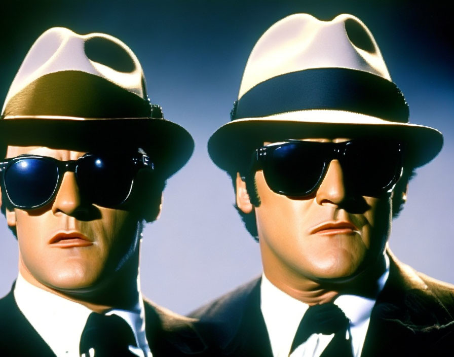 Two Men in Suits and Hats with Sunglasses Against Blue Background