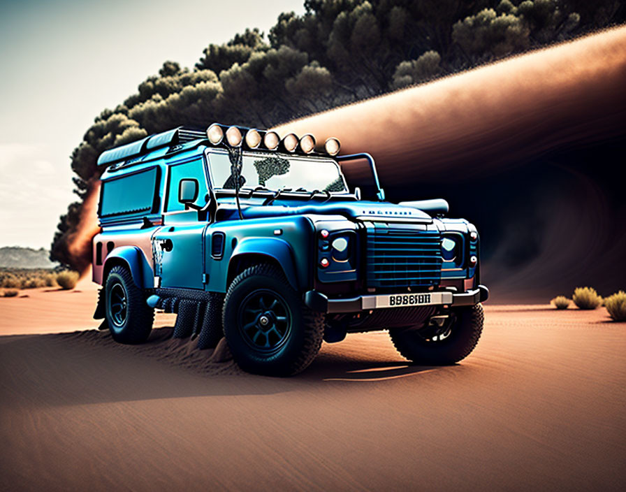 Blue Off-Road Vehicle Racing on Sandy Trail with Roof Rack and Lights