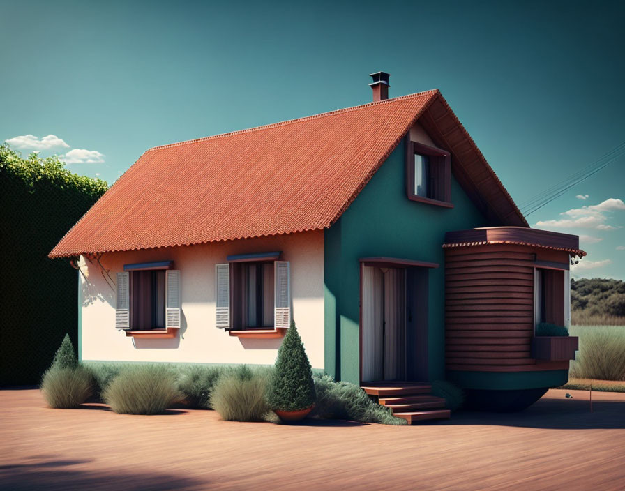 Green house with red roof and wooden extension in clear sky.