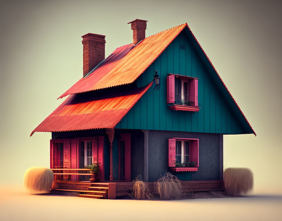 Whimsical cartoon-style house with red roof and teal walls