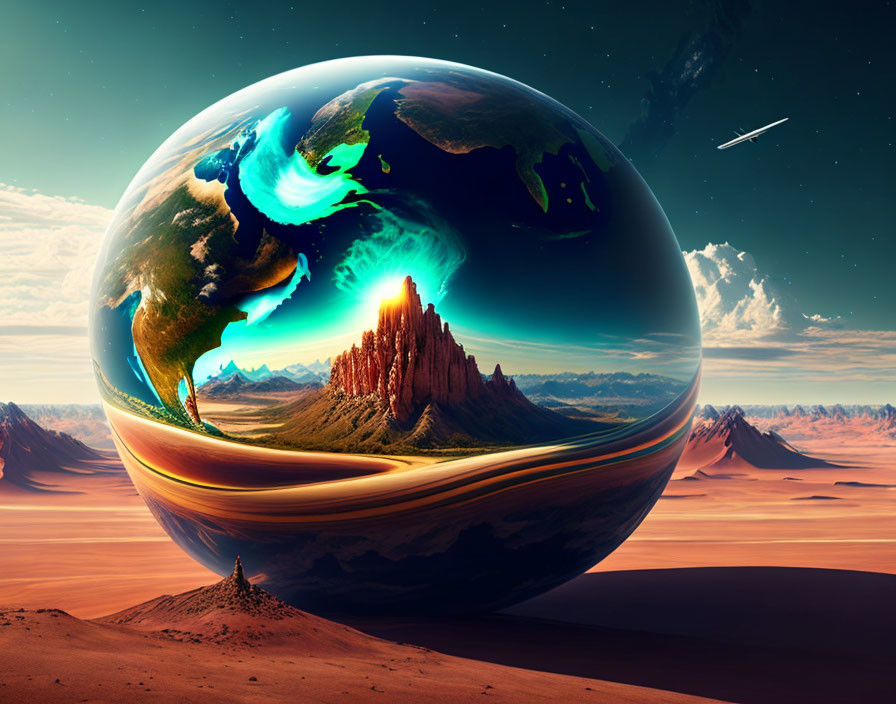 Colossal glass globe in surreal desert landscape with comet