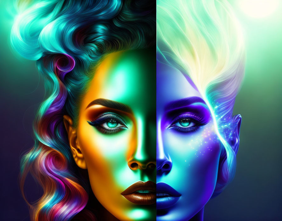 Split Face Portrait: Rainbow Hair vs. Monochromatic Blue